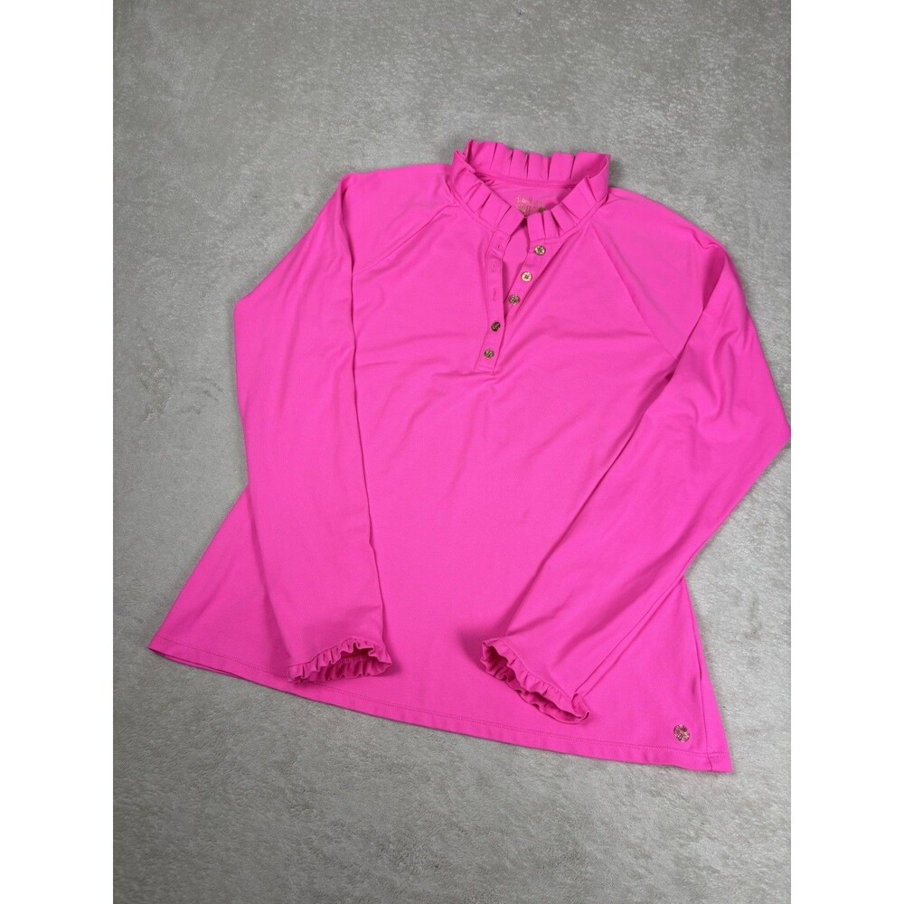 Lilly Pulitzer Luxletic Pink XL Athletic Long Sleeve Ruffle Neck button up